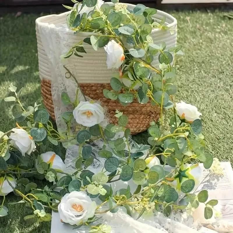 Artificial Eucalyptus Garland With Fake Roses & Gypsophila, Faux Floral Greenery - A-1 Thread Vault