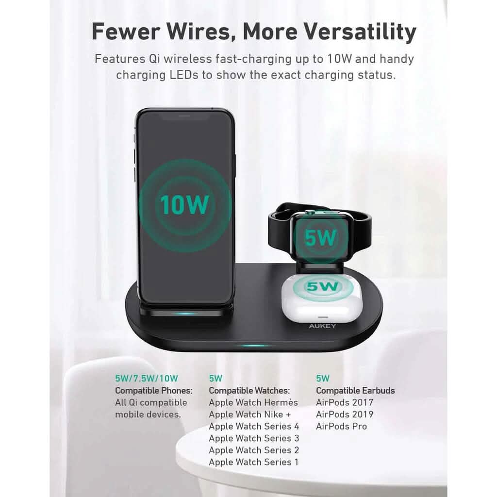 AUKEY 3-in-1 Wireless Charger Black - A-1 Thread Vault