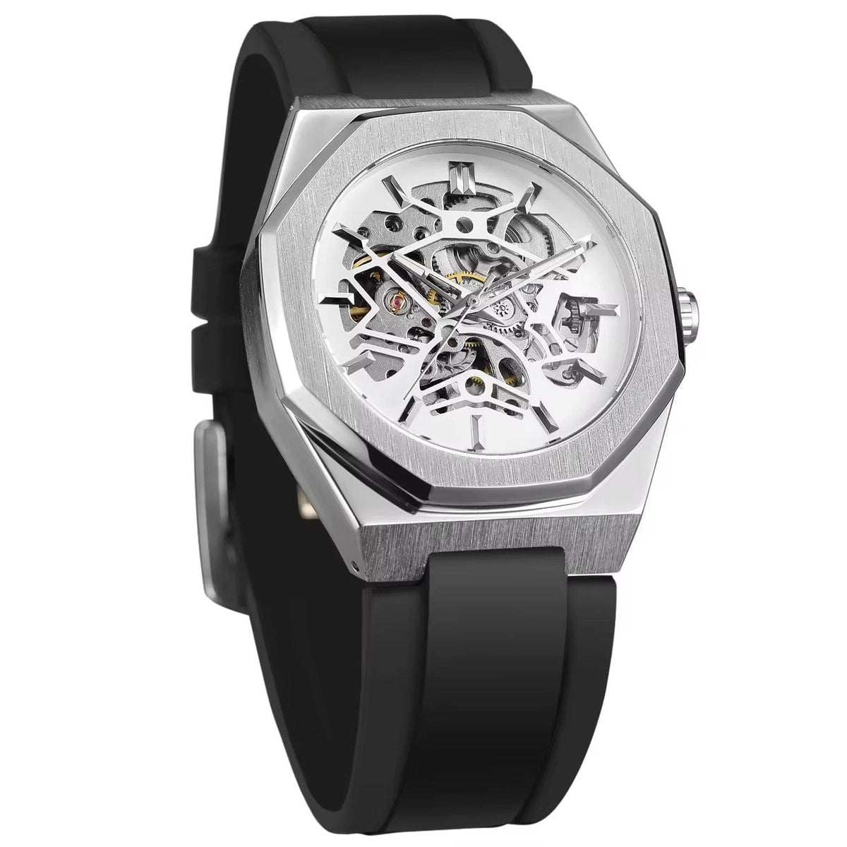 A skeleton watch featuring a silver-toned octagonal case with a white inner dial, exposed mechanical movement parts, and a black rubber strap.