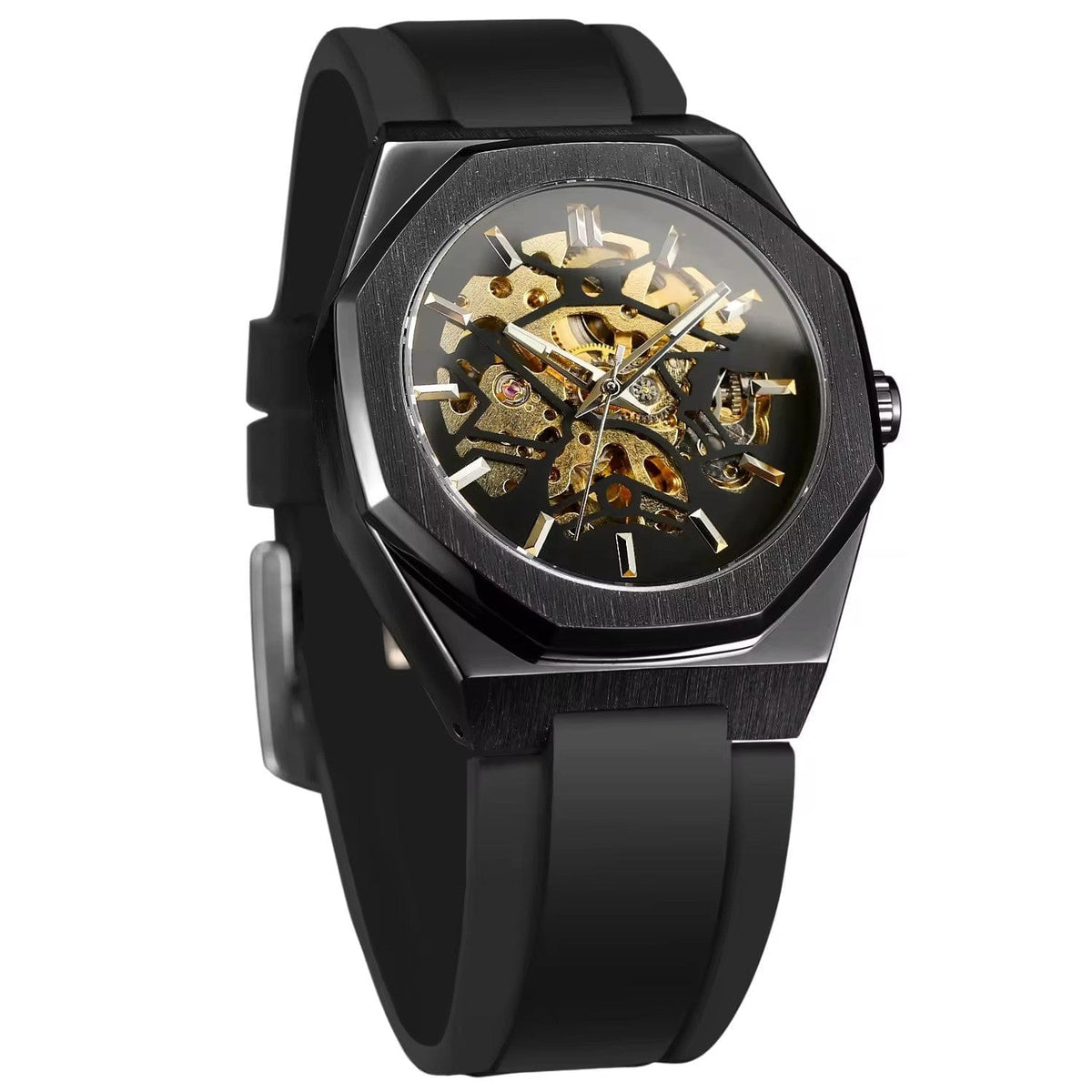 A black skeleton watch with an octagonal case and a silicone strap, featuring a visible gold-tone mechanical movement against a black background.