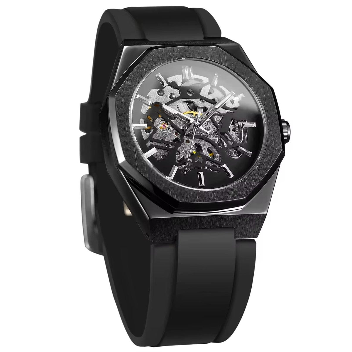 A black skeleton watch with an octagonal bezel and a matching black silicone strap.
