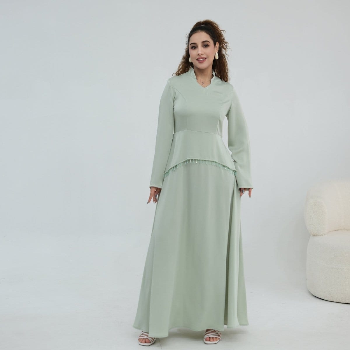 Beaded-Waist Corset-Back Flared-Sleeve Maxi Dress(MS476) - A-1 Thread Vault