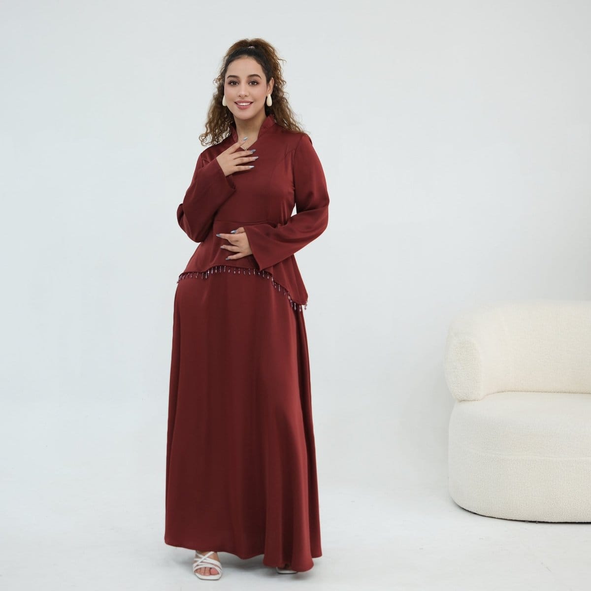 Beaded-Waist Corset-Back Flared-Sleeve Maxi Dress(MS476) - A-1 Thread Vault