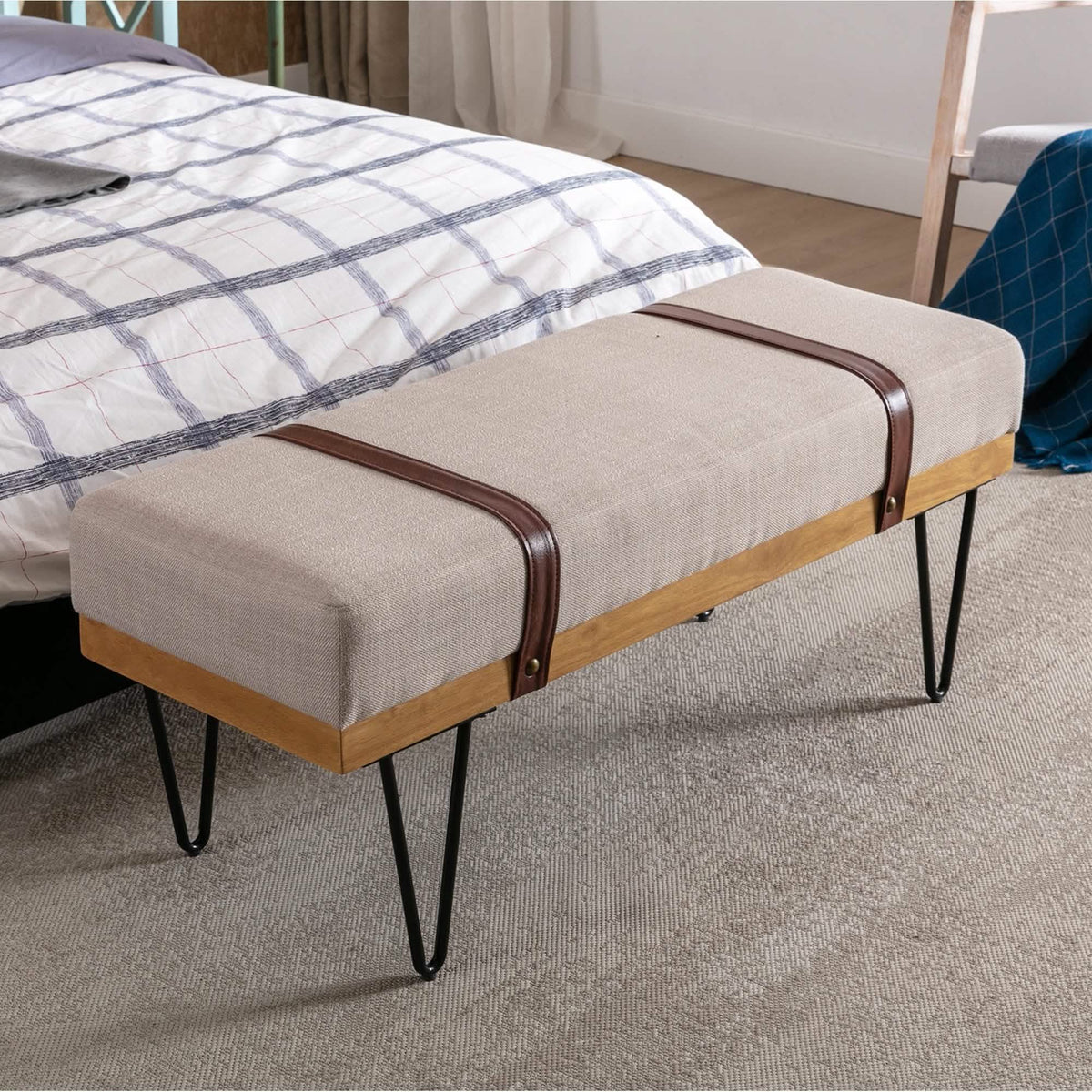 Bench for Bedroom Entryway Linen Ottoman Fabric Upholstered with Soft Cushion and Solid Wood Frame - A-1 Thread Vault