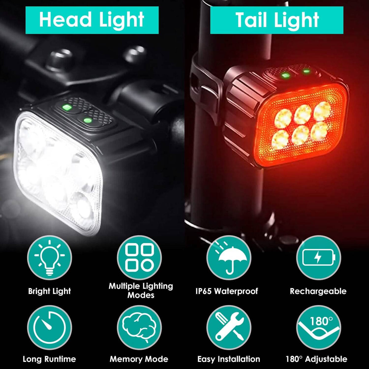 Bike Headlight TailLight IP65 Waterproof Anti-Drop Rechargeable Bicycle Light Set - A-1 Thread Vault