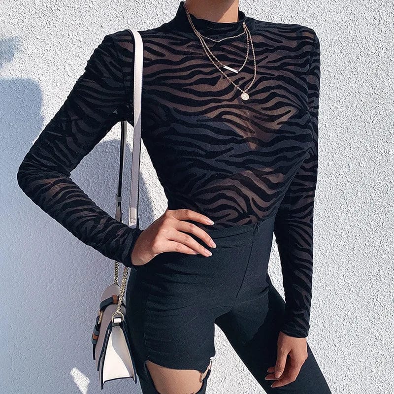 Black Mesh Transparent Sexy Bodysuit Long Sleeve Slim Skinny Stripe Mock Neck Casual Rompers Women Lady Party Club Body - A-1 Thread Vault