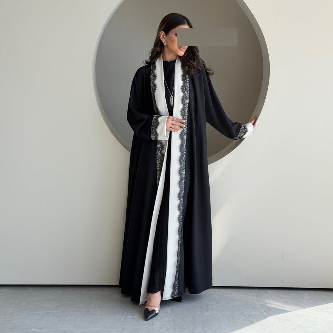 Black & White Lace Trim Open Abaya(MOA311) - A-1 Thread Vault