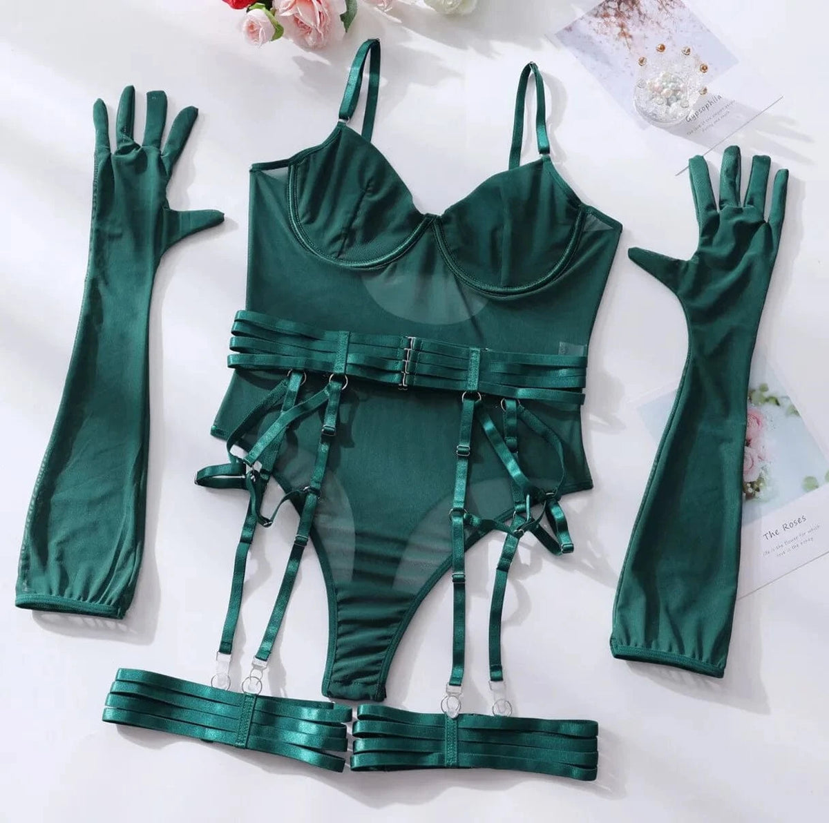 Bodysuit Sexy One-piece With Gloves Garters Mesh Women Rompers Clothing Body Suits Lace Jumpsuit Sweet Korean Women EV5W - A-1 Thread Vault