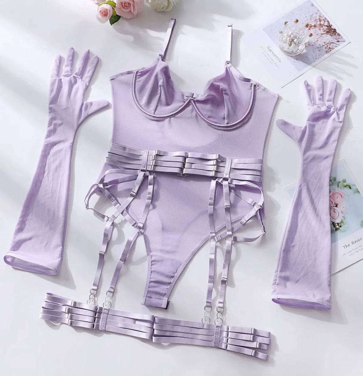 Bodysuit Sexy One-piece With Gloves Garters Mesh Women Rompers Clothing Body Suits Lace Jumpsuit Sweet Korean Women EV5W - A-1 Thread Vault