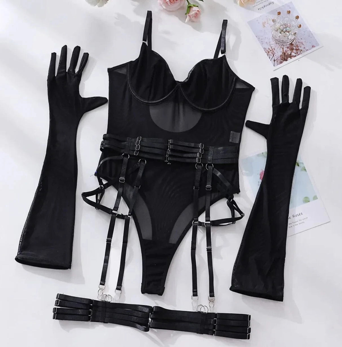 Bodysuit Sexy One-piece With Gloves Garters Mesh Women Rompers Clothing Body Suits Lace Jumpsuit Sweet Korean Women EV5W - A-1 Thread Vault