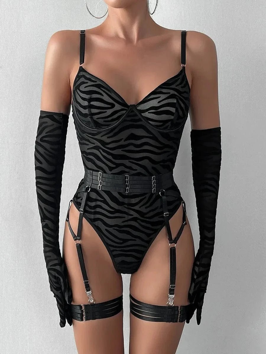 Bodysuit Sexy One-piece With Gloves Garters Mesh Women Rompers Clothing Body Suits Lace Jumpsuit Sweet Korean Women EV5W - A-1 Thread Vault