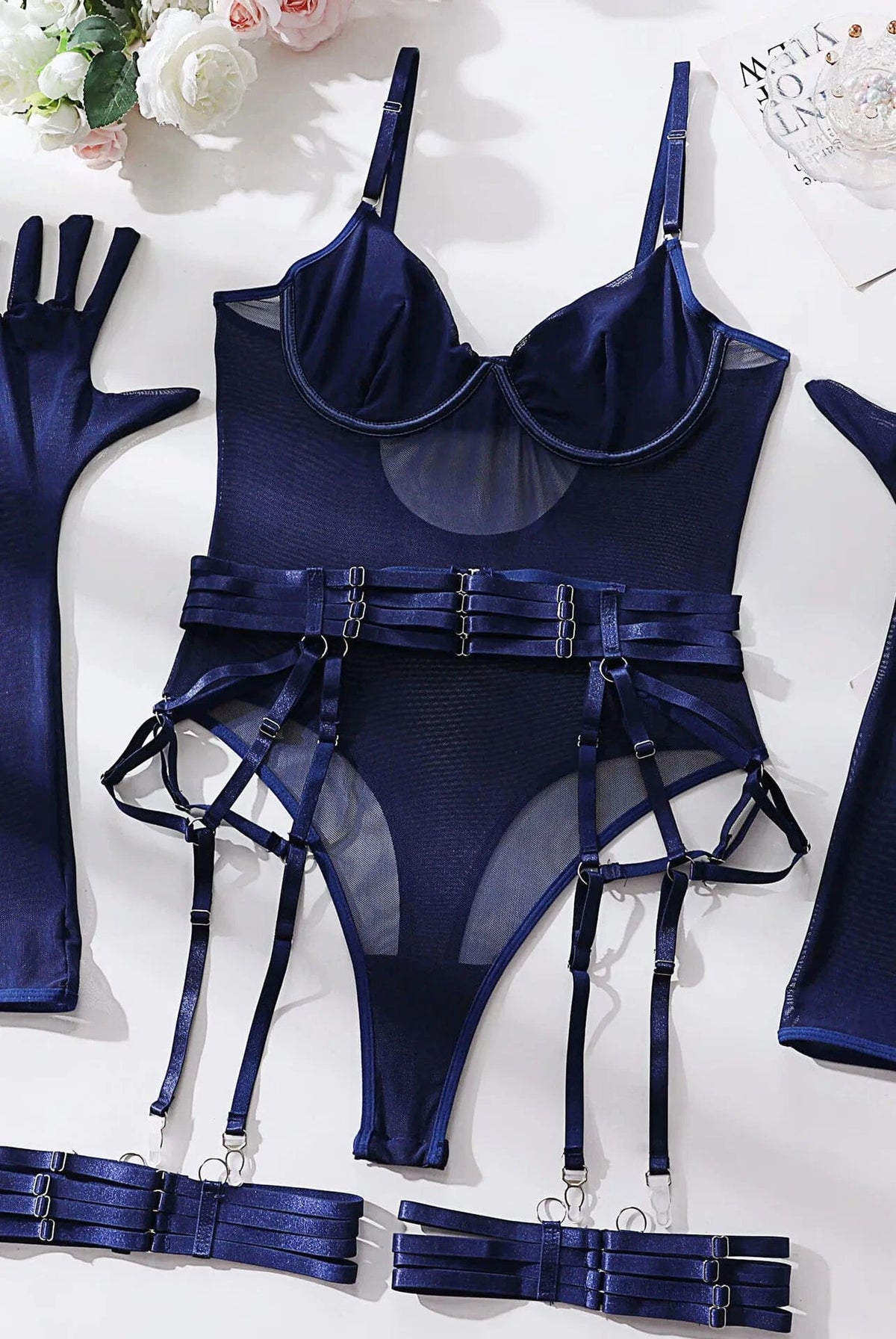 Bodysuit Sexy One-piece With Gloves Garters Mesh Women Rompers Clothing Body Suits Lace Jumpsuit Sweet Korean Women EV5W - A-1 Thread Vault