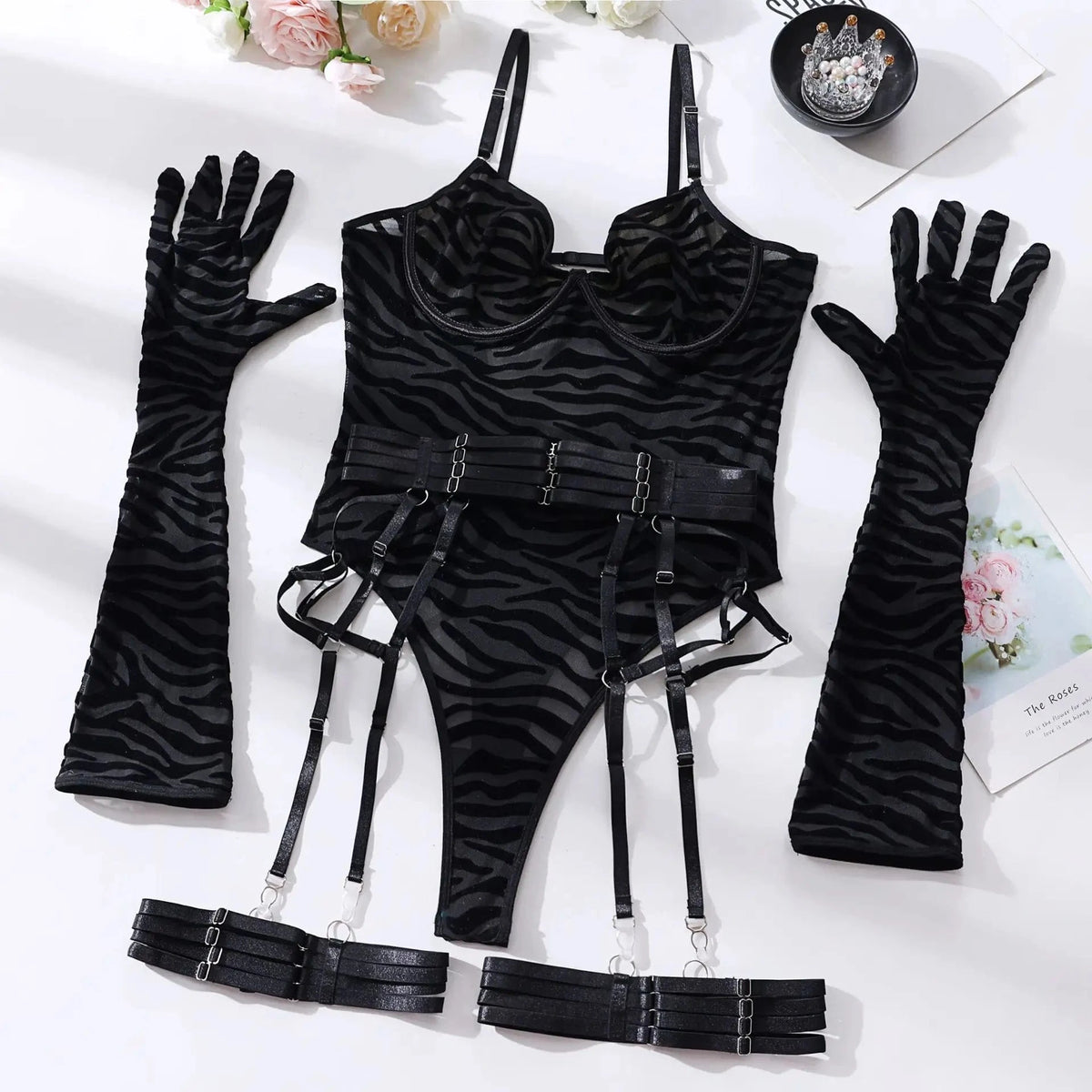 Bodysuit Sexy One-piece With Gloves Garters Mesh Women Rompers Clothing Body Suits Lace Jumpsuit Sweet Korean Women EV5W - A-1 Thread Vault