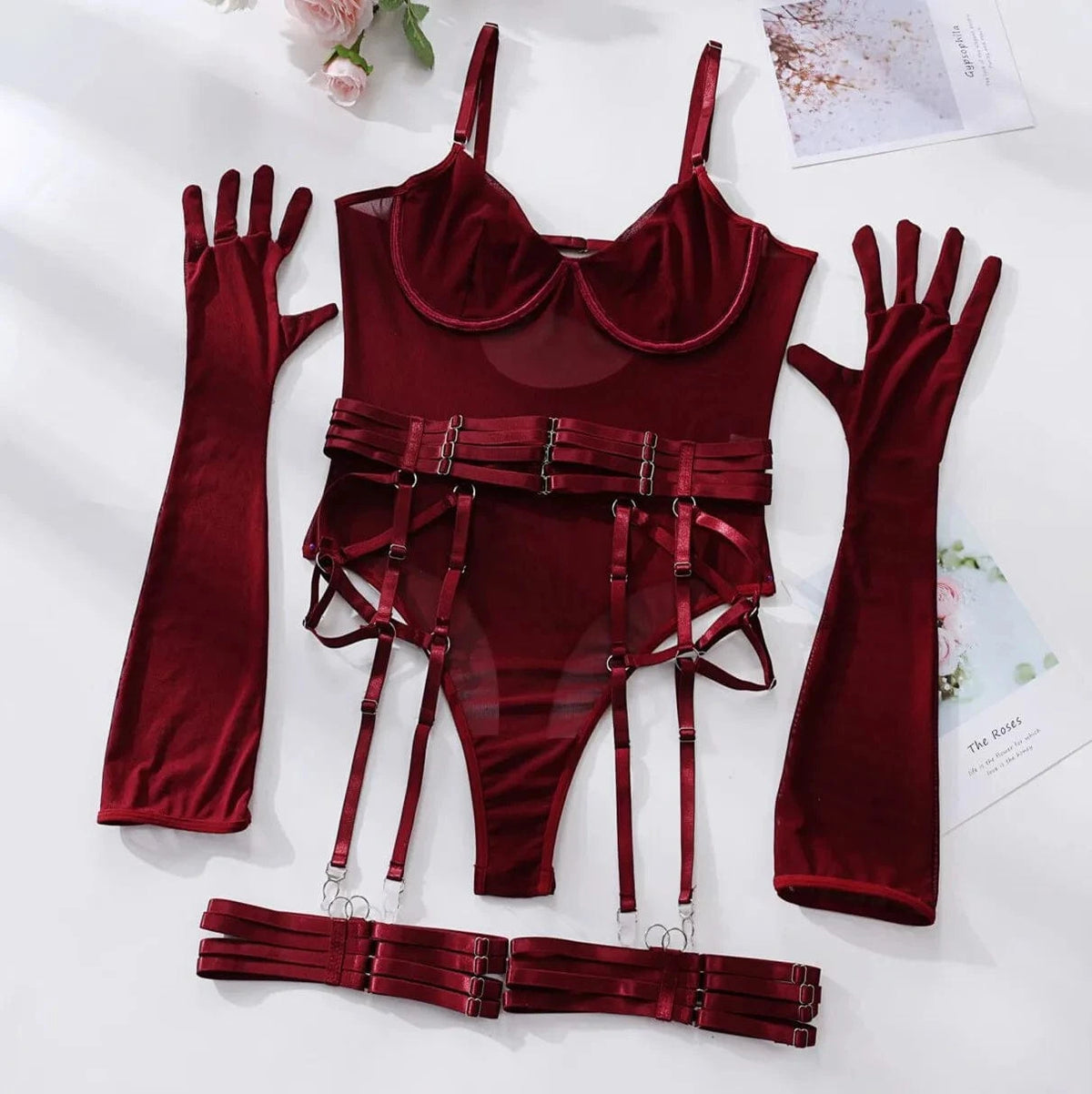 Bodysuit Sexy One-piece With Gloves Garters Mesh Women Rompers Clothing Body Suits Lace Jumpsuit Sweet Korean Women EV5W - A-1 Thread Vault