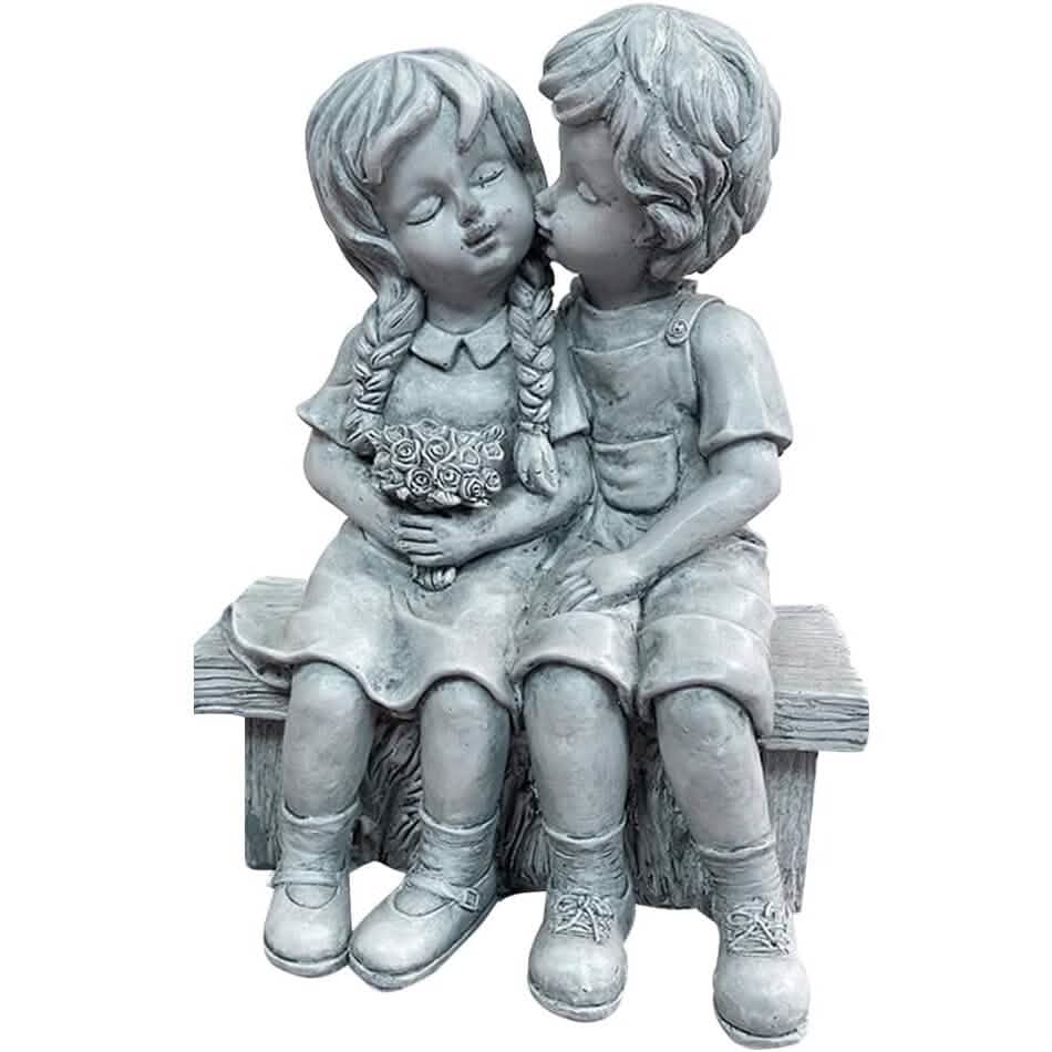 Boy Kissing Girl Statue Sitting on Bench Figurine - A-1 Thread Vault