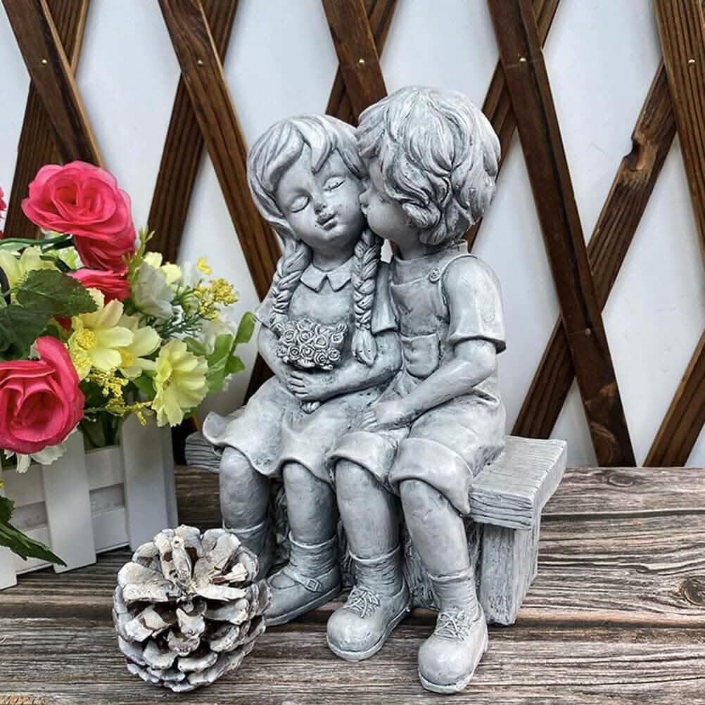 Boy Kissing Girl Statue Sitting on Bench Figurine - A-1 Thread Vault