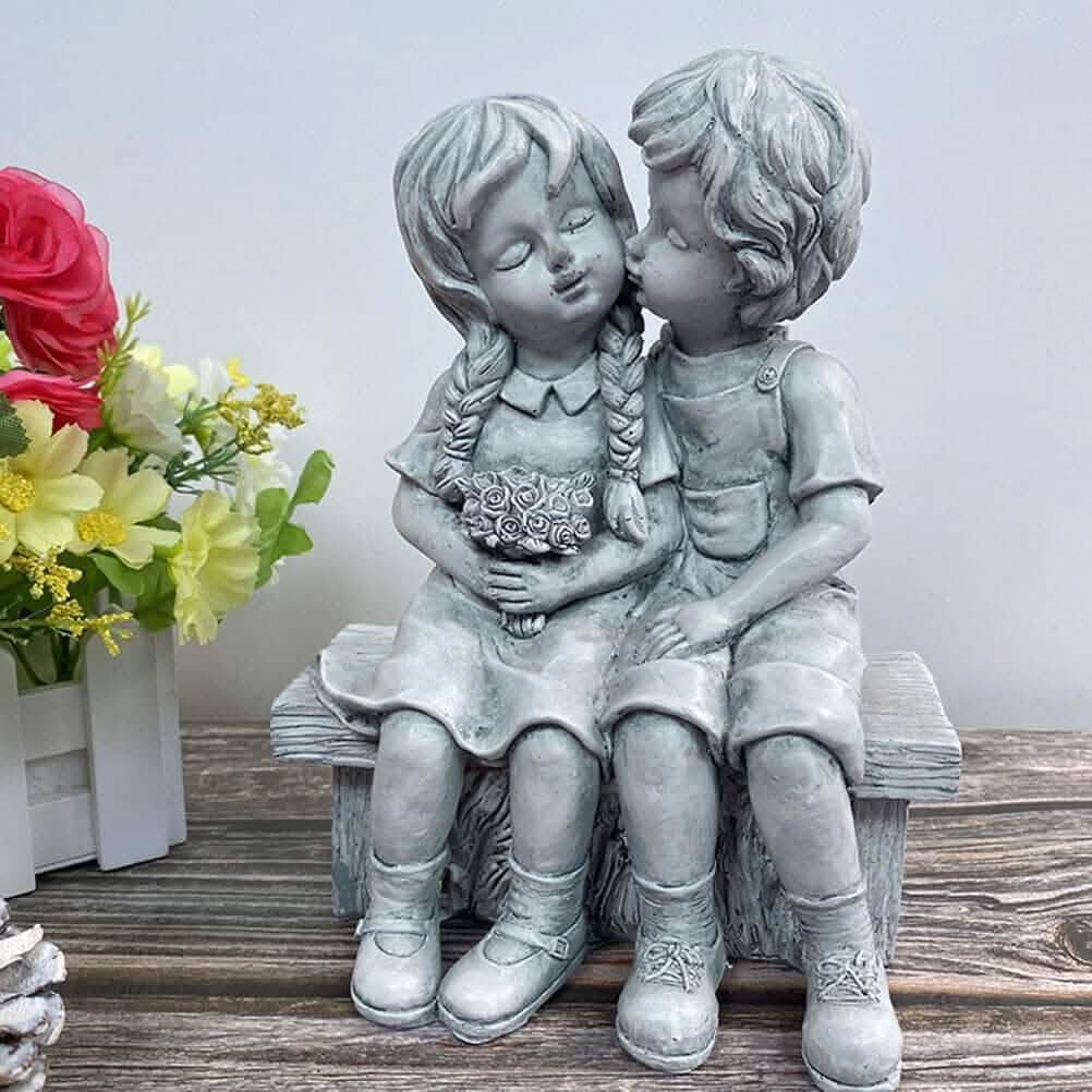 Boy Kissing Girl Statue Sitting on Bench Figurine - A-1 Thread Vault
