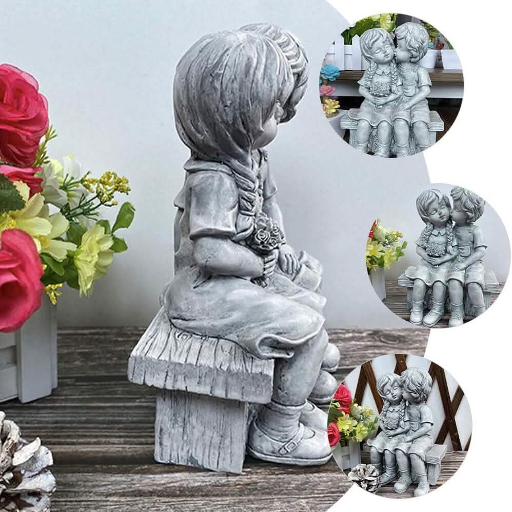 Boy Kissing Girl Statue Sitting on Bench Figurine - A-1 Thread Vault