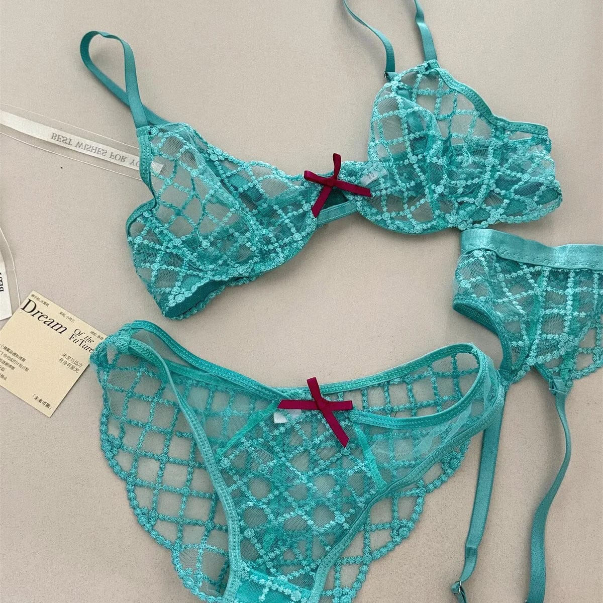 Bra + Panties + Garter, Lace Ultrathin Transparent Push Up Women Sexy Sleep Underwear Sets Lattice Push Up Young Girls Blue - A-1 Thread Vault