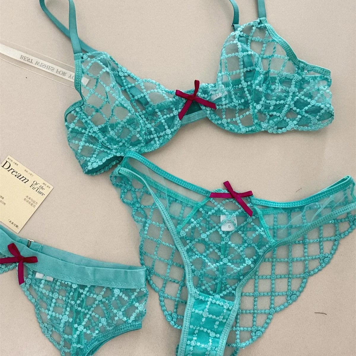 Bra + Panties + Garter, Lace Ultrathin Transparent Push Up Women Sexy Sleep Underwear Sets Lattice Push Up Young Girls Blue - A-1 Thread Vault
