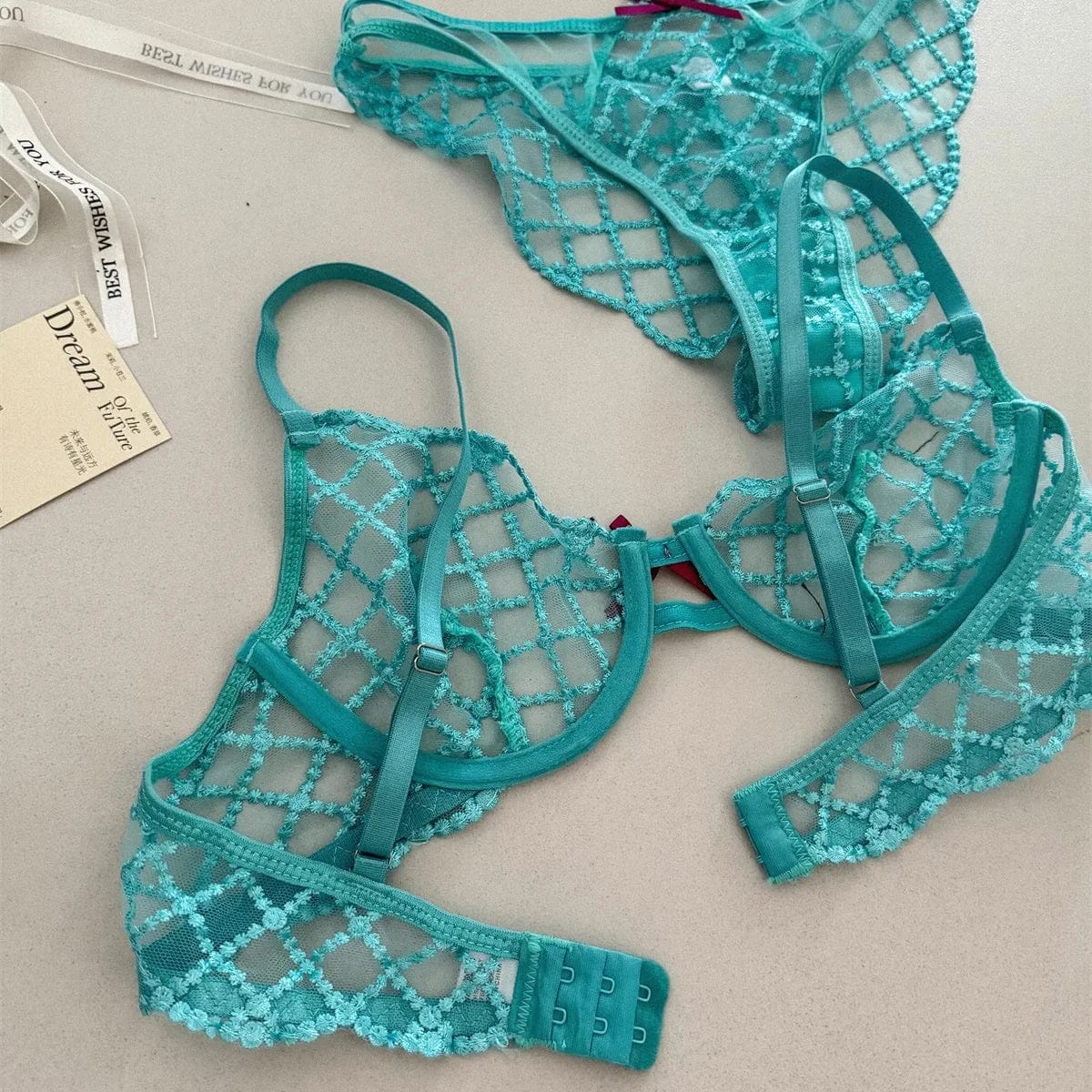 Bra + Panties + Garter, Lace Ultrathin Transparent Push Up Women Sexy Sleep Underwear Sets Lattice Push Up Young Girls Blue - A-1 Thread Vault