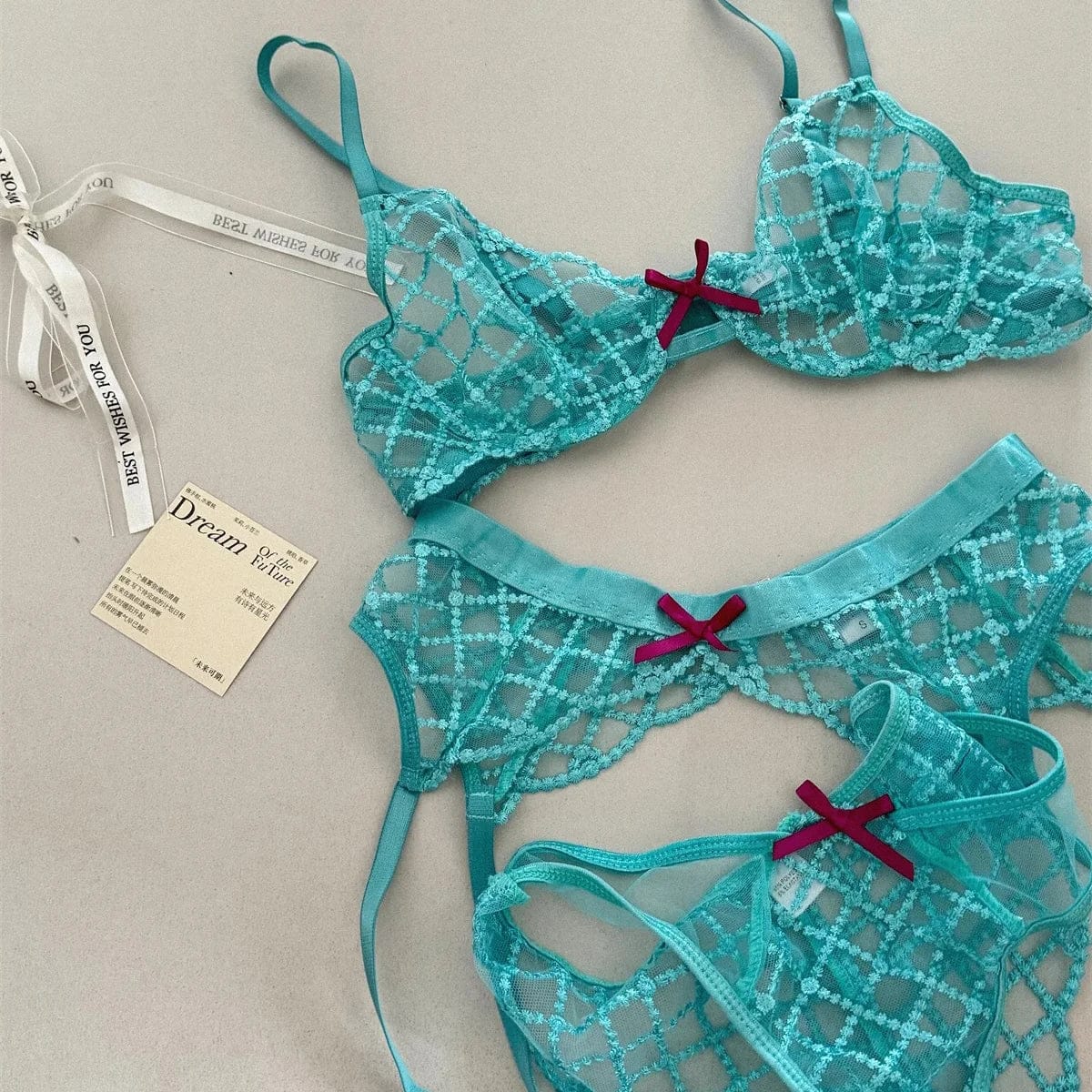 Bra + Panties + Garter, Lace Ultrathin Transparent Push Up Women Sexy Sleep Underwear Sets Lattice Push Up Young Girls Blue - A-1 Thread Vault