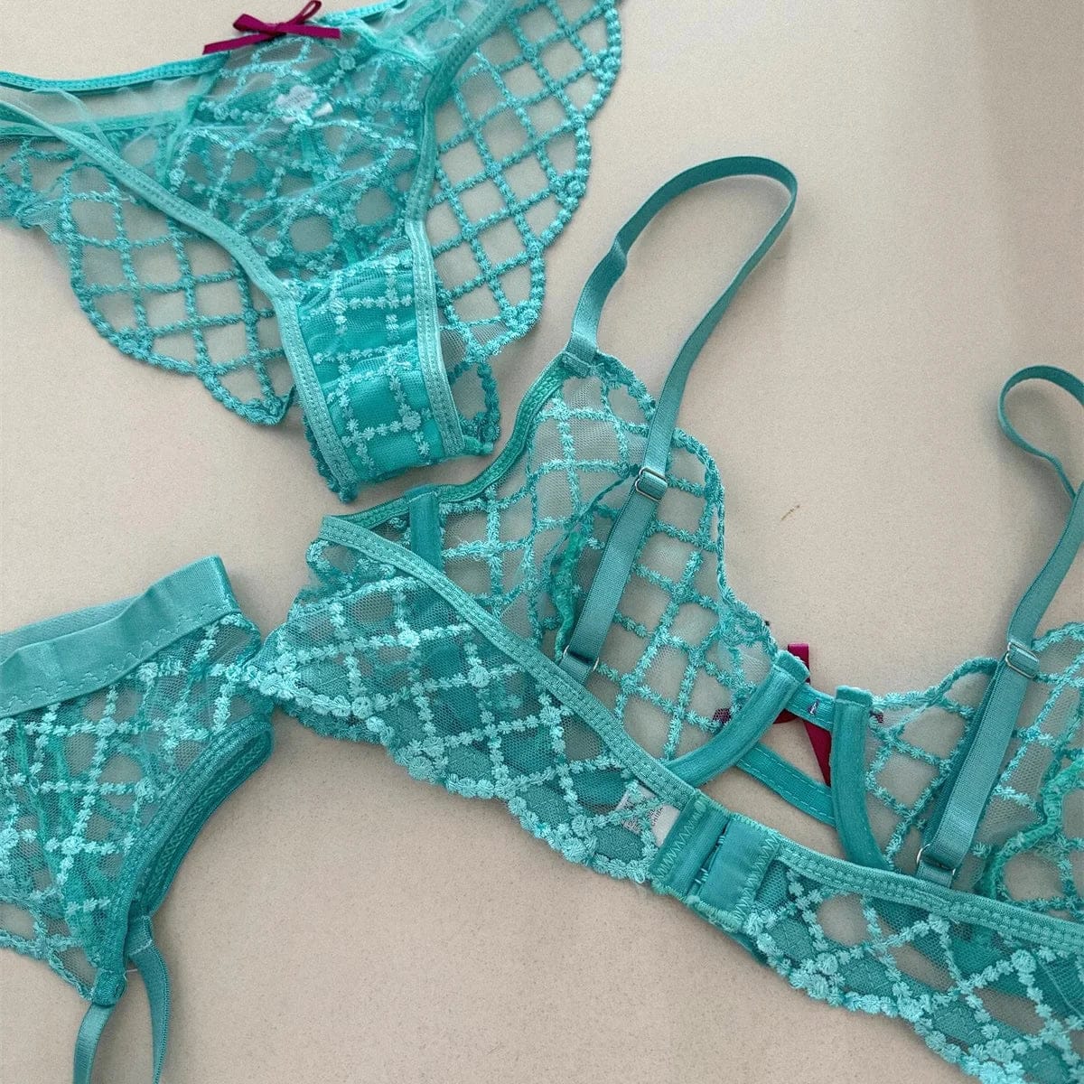 Bra + Panties + Garter, Lace Ultrathin Transparent Push Up Women Sexy Sleep Underwear Sets Lattice Push Up Young Girls Blue - A-1 Thread Vault