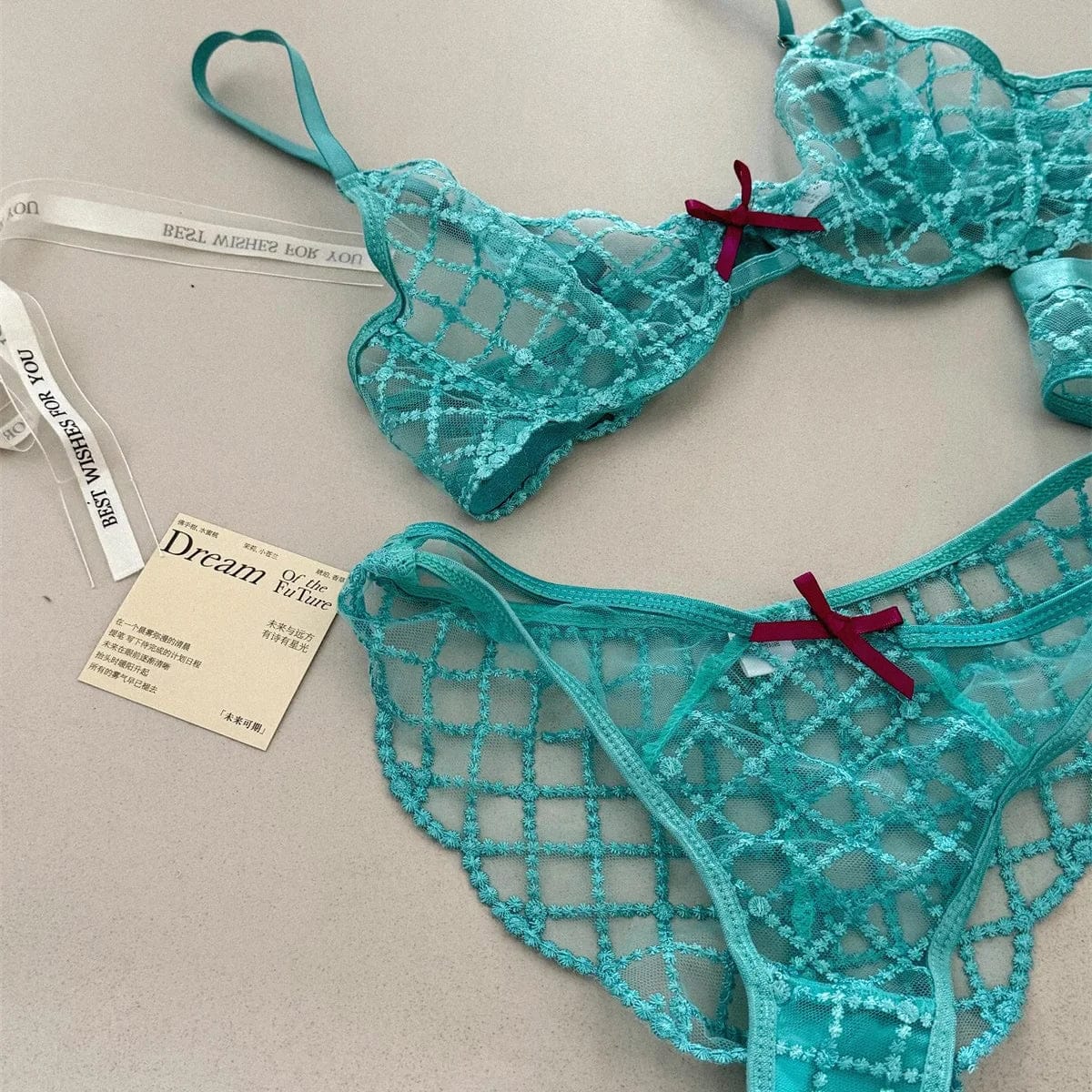 Bra + Panties + Garter, Lace Ultrathin Transparent Push Up Women Sexy Sleep Underwear Sets Lattice Push Up Young Girls Blue - A-1 Thread Vault