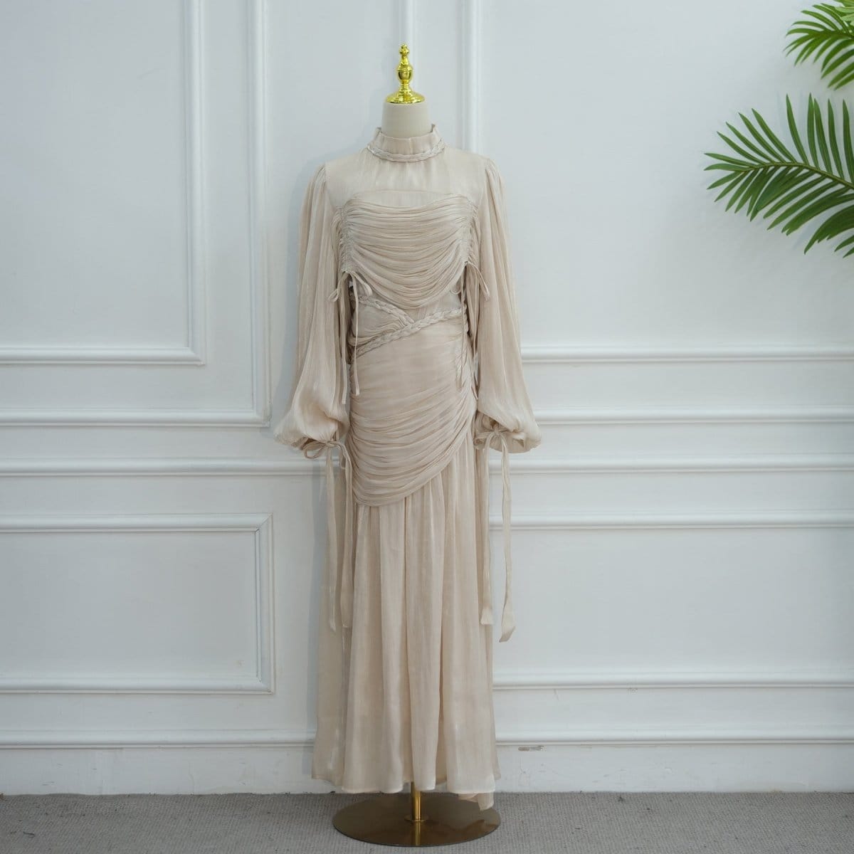 Braided Collar Ruched Fringe Maxi Dress(MS406) - A-1 Thread Vault