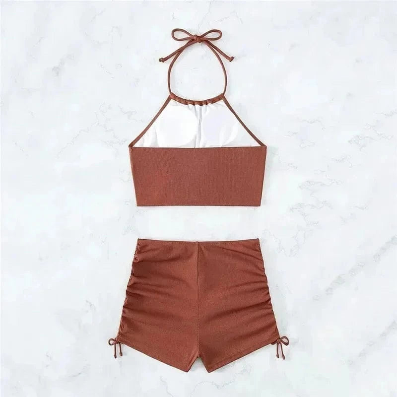 Brown Ribbed Swimwear Shorts Swimsuits Women Halter Bikinis Sets String Drawstring Bathing Suit Beachwear Sexy Bikini 2026 Mujer - A-1 Thread Vault