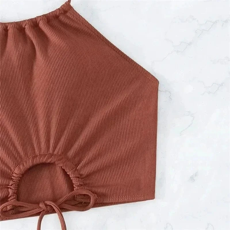 Brown Ribbed Swimwear Shorts Swimsuits Women Halter Bikinis Sets String Drawstring Bathing Suit Beachwear Sexy Bikini 2026 Mujer - A-1 Thread Vault