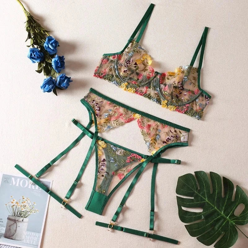 Brskbzda Lingerie Sensual Lace Underwear Transparent Embroidery 3-Piece Garters Fancy Beautiful Short Skin Care Kits Intimate - A-1 Thread Vault