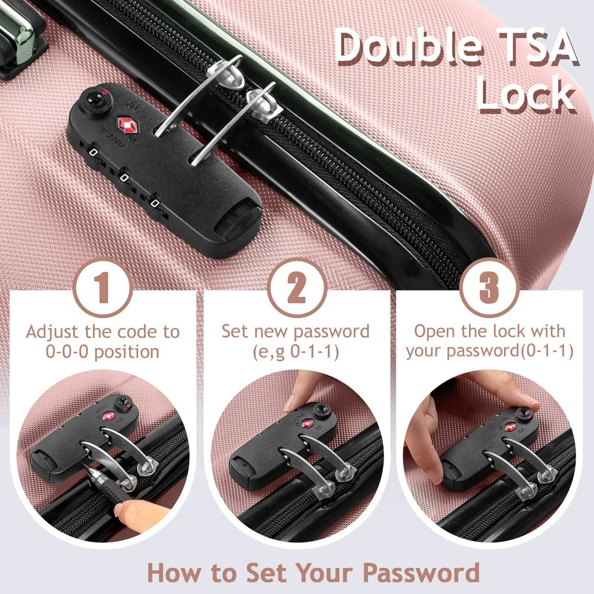 A light pink hardshell suitcase with a integrated black TSA combination lock, featuring three numbered steps on how to set the password using a small tool.