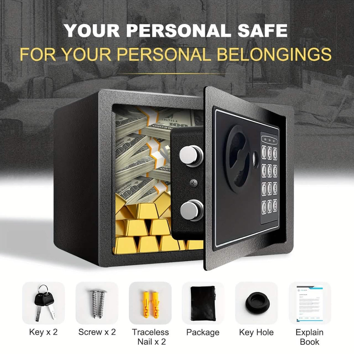 Fireproof Digital Home Safe with Keypad, Sensor Light & Money Bag-Silver - A-1 Thread Vault