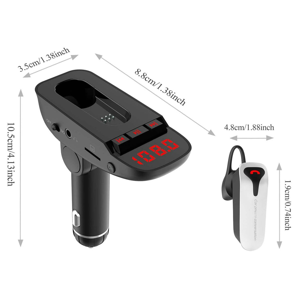 Car FM Transmitter with Wireless Earpiece 2 USB Charge Ports - A-1 Thread Vault