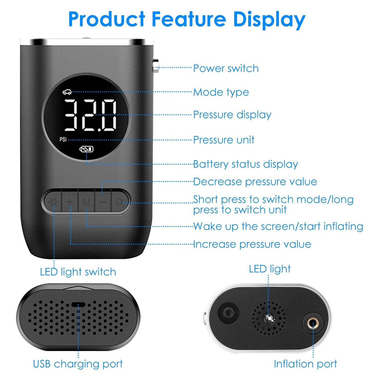 Car Tire Inflator Pump Portable 150 PSI with LED Light - A-1 Thread Vault