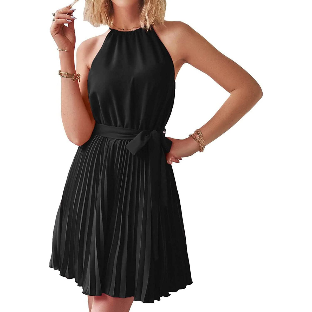 Casual Halter Neck A-Line Dress Sleeveless Belted Swing Pleated Cocktail Party Beach Mini Dresses - A-1 Thread Vault