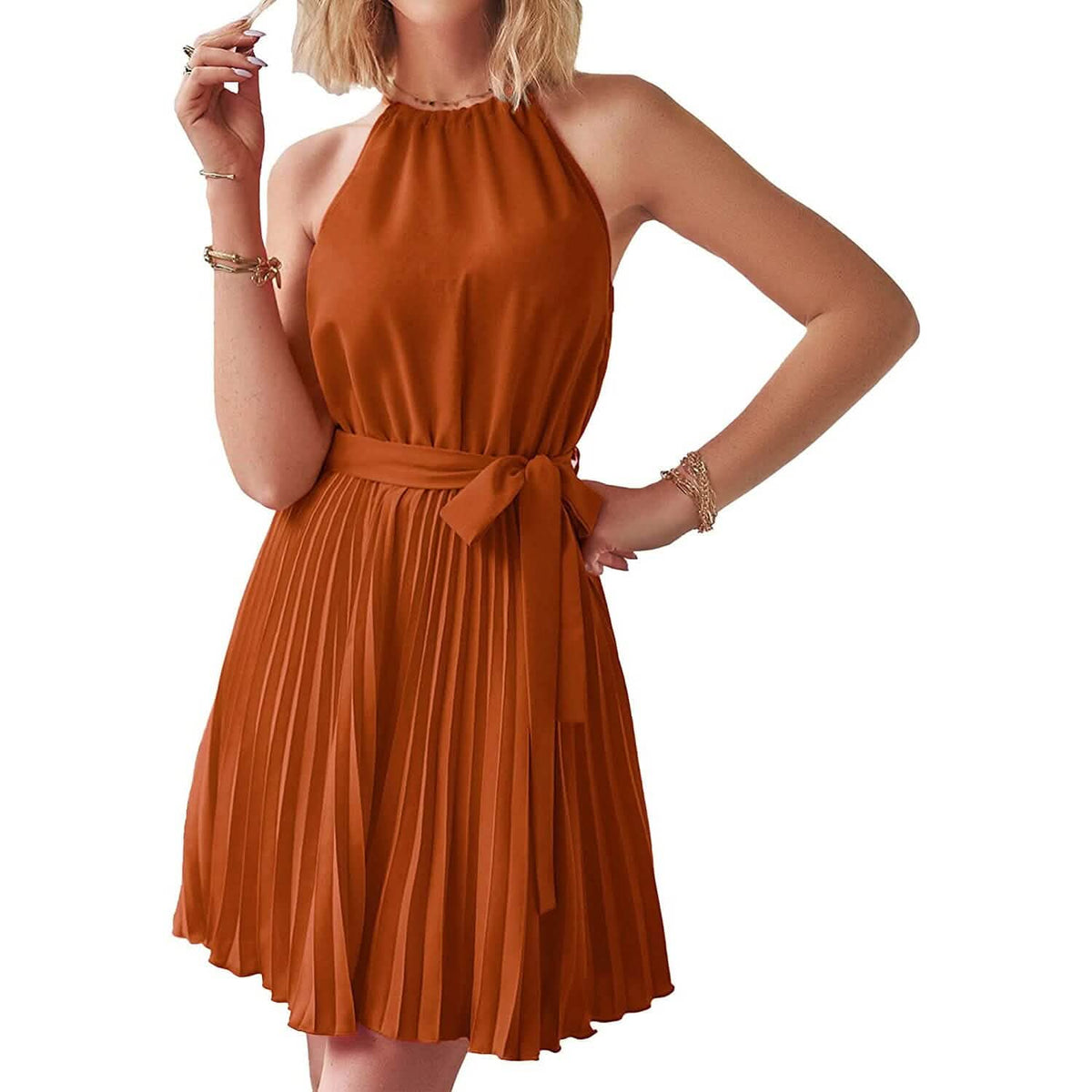 Casual Halter Neck A-Line Dress Sleeveless Belted Swing Pleated Cocktail Party Beach Mini Dresses - A-1 Thread Vault