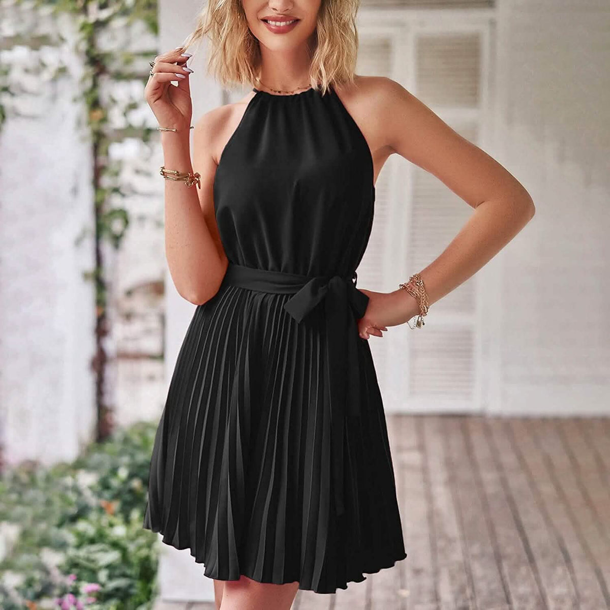 Casual Halter Neck A-Line Dress Sleeveless Belted Swing Pleated Cocktail Party Beach Mini Dresses - A-1 Thread Vault