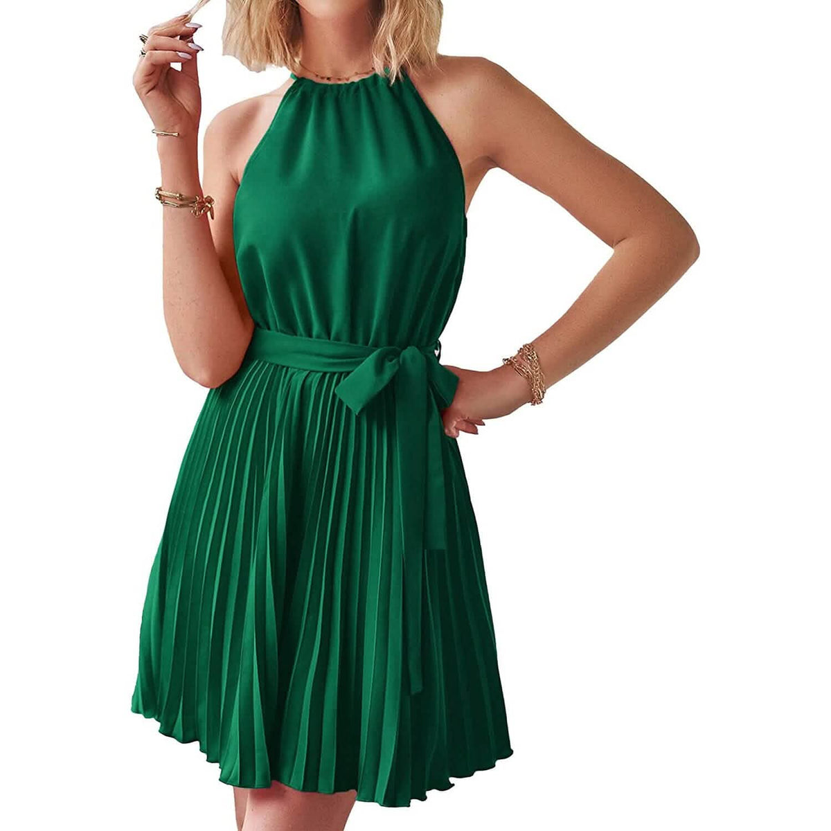 Casual Halter Neck A-Line Dress Sleeveless Belted Swing Pleated Cocktail Party Beach Mini Dresses - A-1 Thread Vault