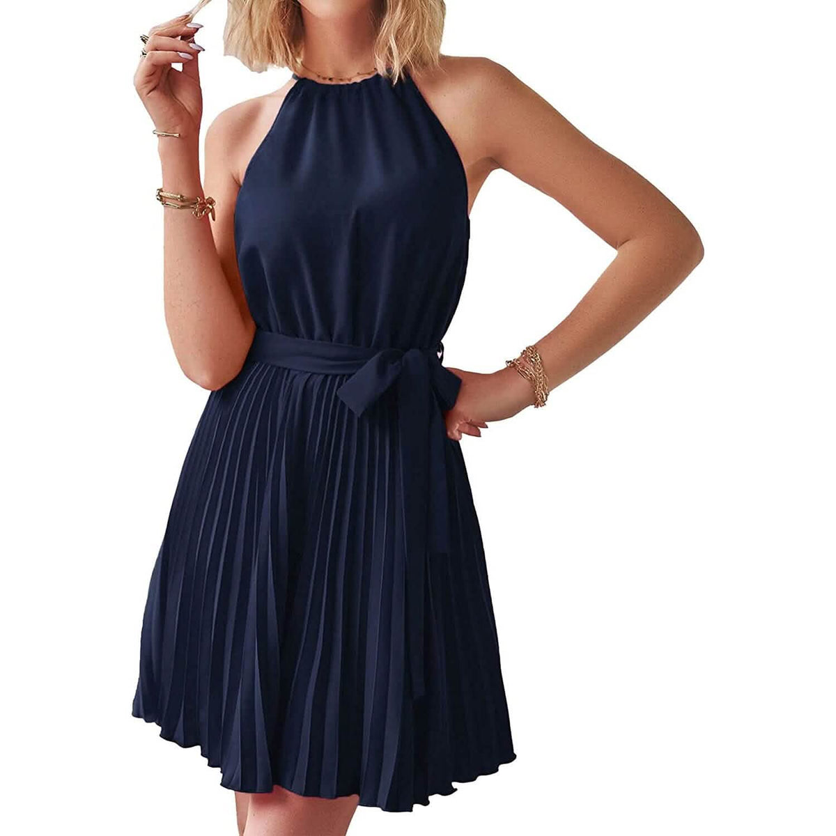 Casual Halter Neck A-Line Dress Sleeveless Belted Swing Pleated Cocktail Party Beach Mini Dresses - A-1 Thread Vault