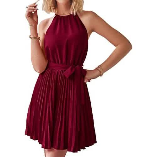 Casual Halter Neck A-Line Dress Sleeveless Belted Swing Pleated Cocktail Party Beach Mini Dresses - A-1 Thread Vault