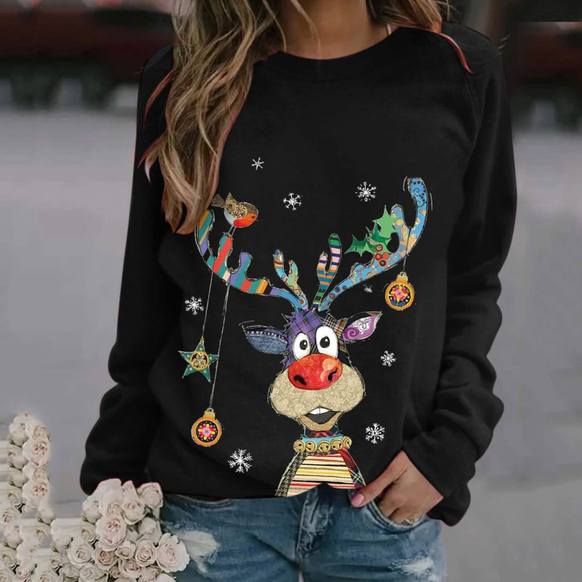 Casual O-Neck Long Sleeve Elk Print Hoodies and Pullover Tops Tees Hoody - A-1 Thread Vault