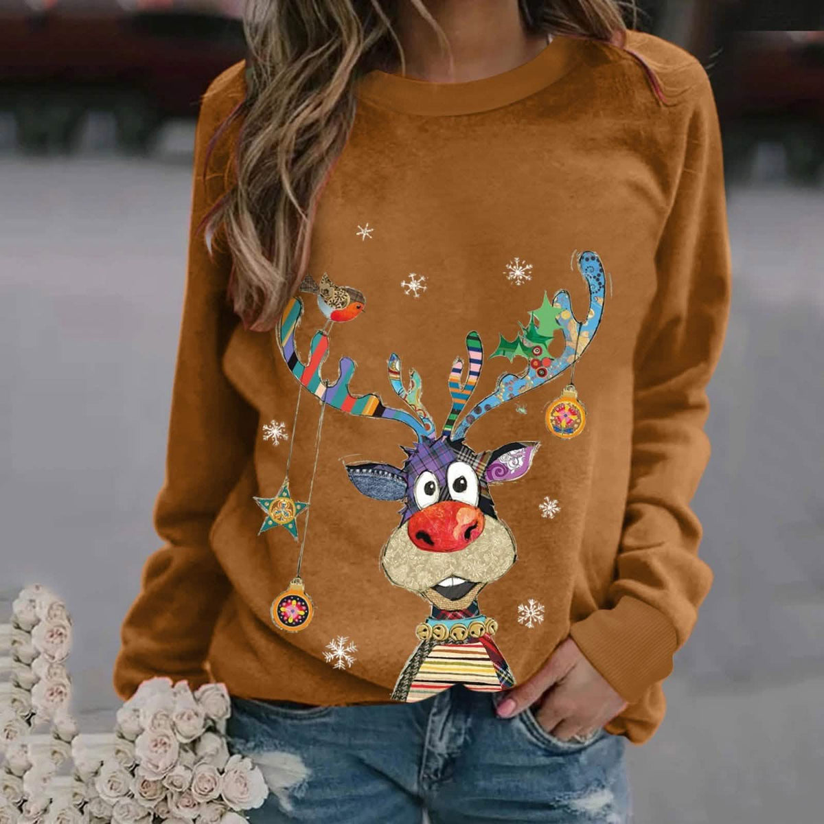 Casual O-Neck Long Sleeve Elk Print Hoodies and Pullover Tops Tees Hoody - A-1 Thread Vault