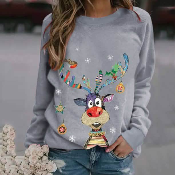 Casual O-Neck Long Sleeve Elk Print Hoodies and Pullover Tops Tees Hoody - A-1 Thread Vault
