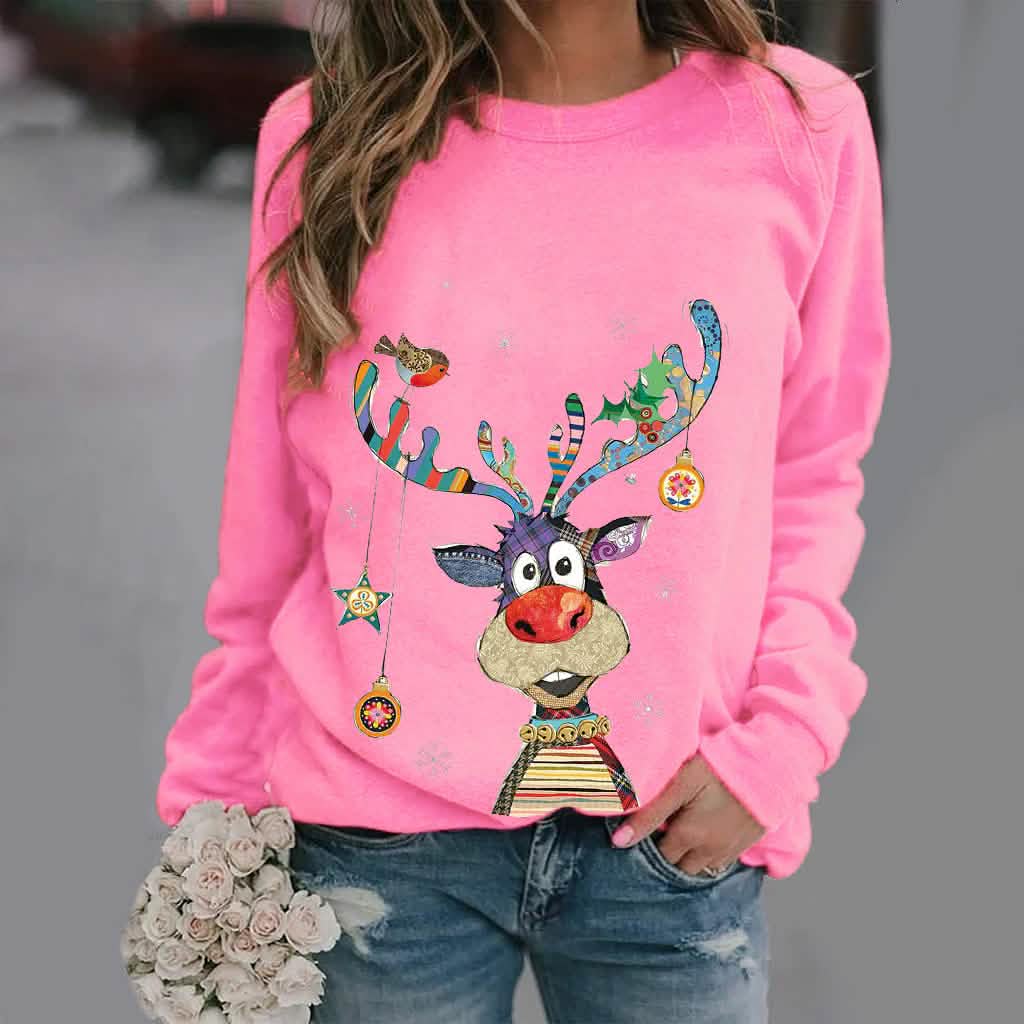 Casual O-Neck Long Sleeve Elk Print Hoodies and Pullover Tops Tees Hoody - A-1 Thread Vault