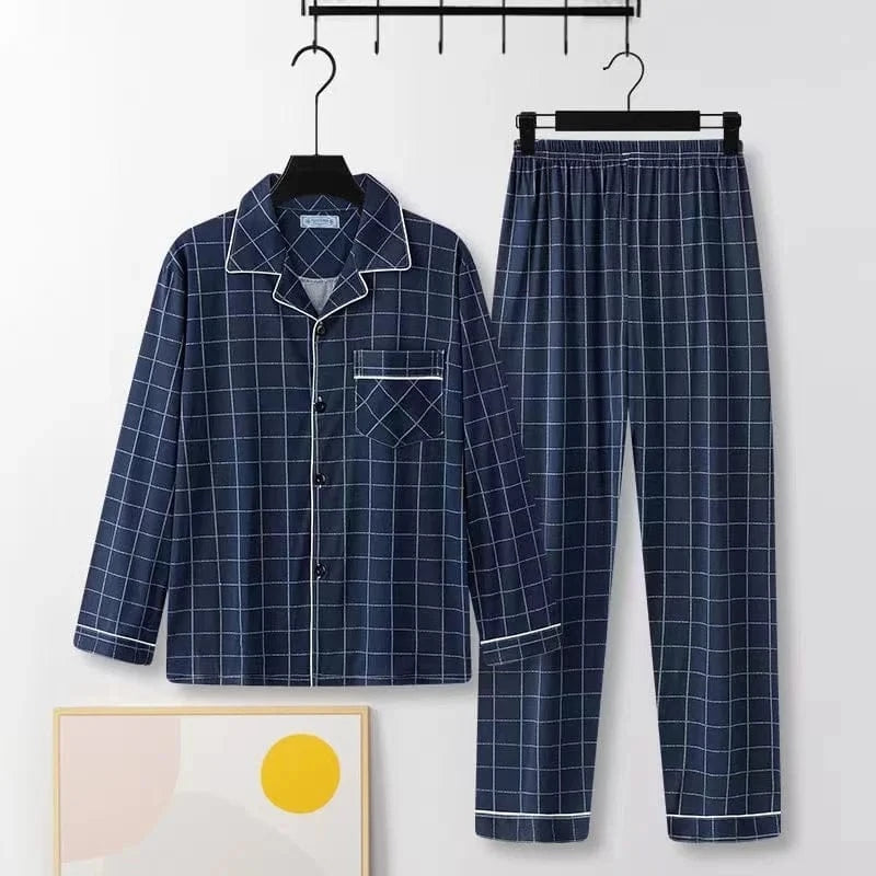 Casual Pure Cotton Men's Sleepwear Long Sleeve Long Pants Two-Piece Set Plaid Striped Simple Wearable Home Clothes - A-1 Thread Vault