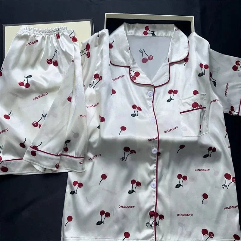 Cherry Print Silk Pajamas Set for Women Summer Short Sleeve Shirt and Shorts Two Pieces Sleepwear Homewear Nightwear - A-1 Thread Vault