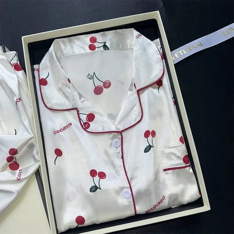 Cherry Print Silk Pajamas Set for Women Summer Short Sleeve Shirt and Shorts Two Pieces Sleepwear Homewear Nightwear - A-1 Thread Vault