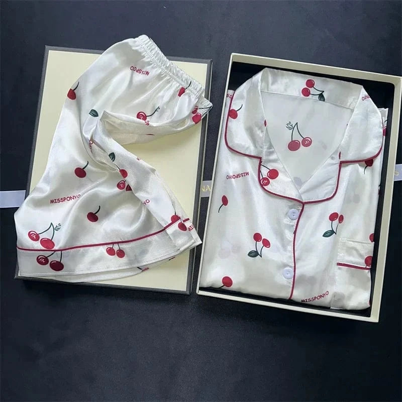 Cherry Print Silk Pajamas Set for Women Summer Short Sleeve Shirt and Shorts Two Pieces Sleepwear Homewear Nightwear - A-1 Thread Vault